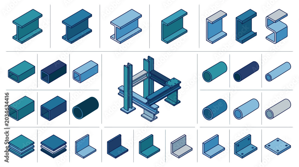 Naklejka premium Isometric vector set of steel construction beams girders pipes and structural metal elements for industrial building design. EPS Editable