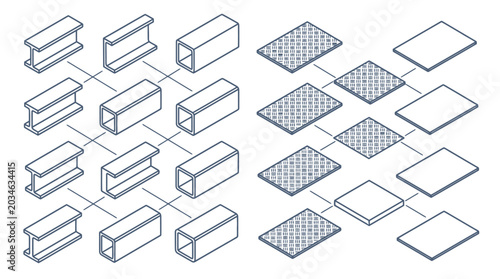 Isometric vector illustration of structural steel profiles and metal sheets for construction and engineering design. EPS Editable