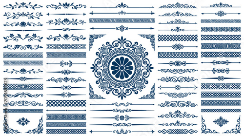 Large collection of vintage ornamental dividers borders corners and decorative design elements in classic style. EPS Editable