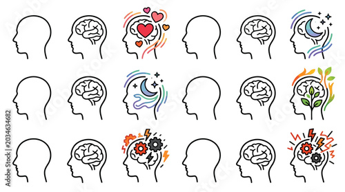 Mental health and psychology concept icons showing different brain states and human emotions in profile. EPS Editable