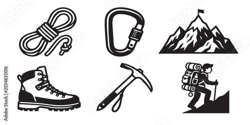 Mountain climbing icons set including rope carabiner hiking boot pickaxe and backpacker ascending peak