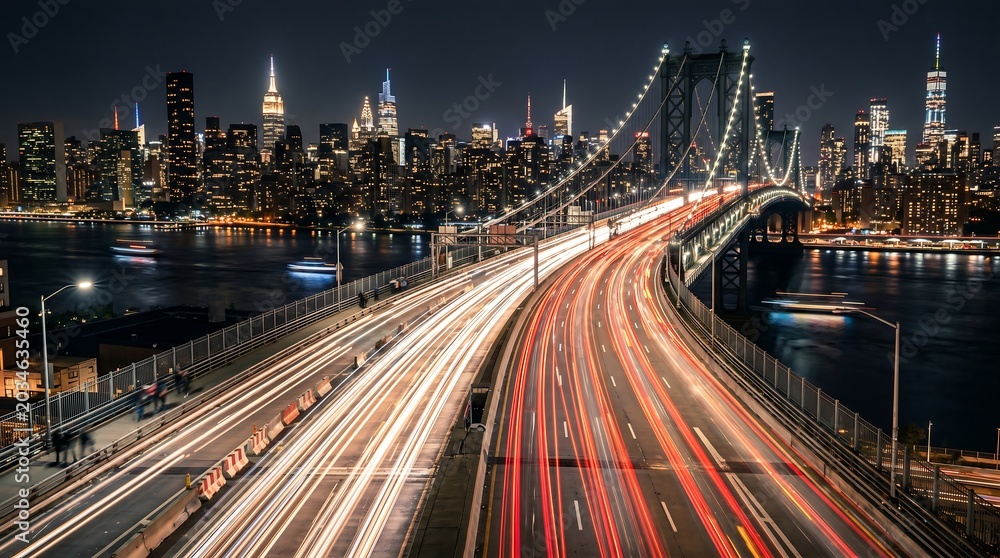 Obraz premium Cityscape with illuminated bridge and light trails at night