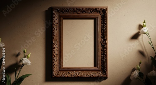 Ornate wooden picture frame on beige wall with white flowers