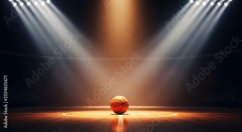 Basketball on court under spotlights
