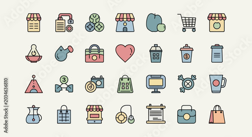 Colorful icons of everyday objects and symbols
