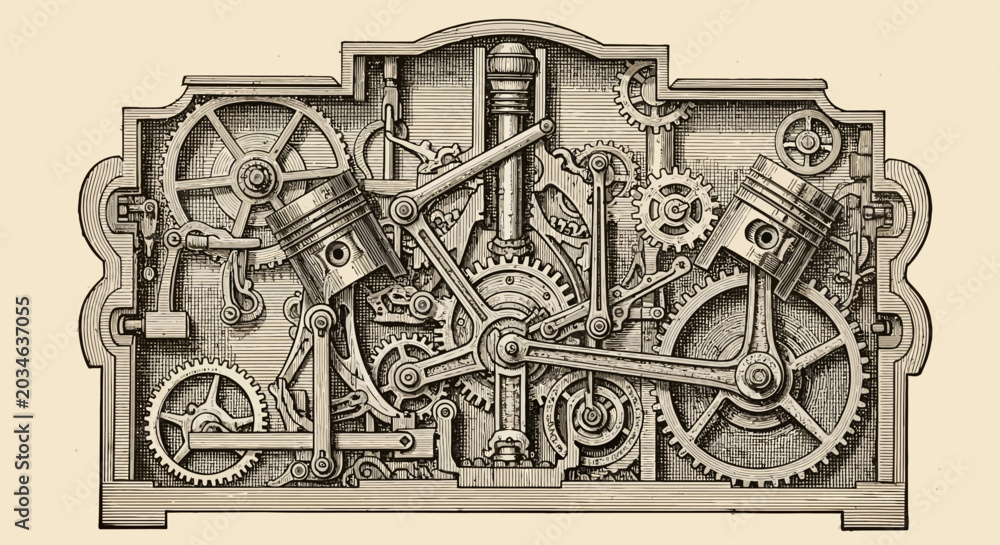 Obraz premium Monochrome Vector Artwork Depicting the Intricate Mechanism of an Engine with Pistons and Gears