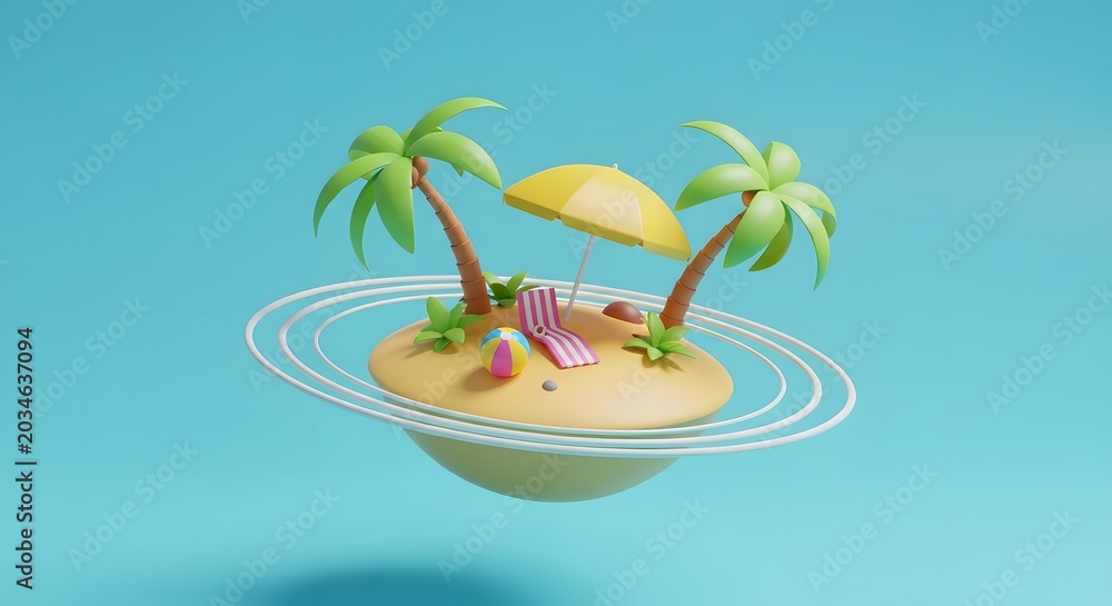 Obraz premium Floating tropical island with palm trees and beach items