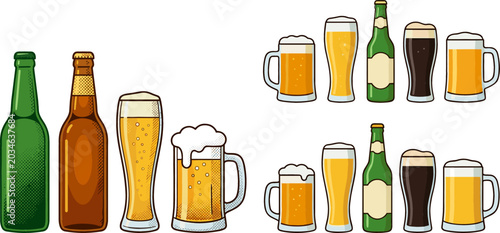 Canvastavla Craft Beer Bottle and Glass Icon Set with Foam Lager Mug Pint and Stout Symbols
