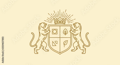 Cuadro en lienzo Elegant Royal Crest with Crown and Two Majestic Tigers.