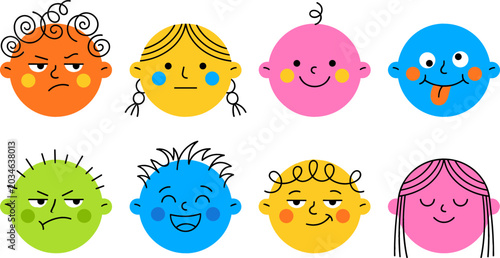 Cute Colorful Child Avatar Icon Set with Diverse Facial Expressions and Emotions for Children Education Websites Apps and Graphic Designs
