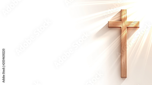 Wooden christian cross on warm beige background with soft light and copy space for holy week.