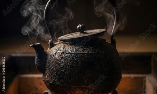 Dramatic close-up of a tetsubin iron kama kettle on a sunken hearth, steam escaping through lid in gossamer wisps curling upward, warm ember glow from below casting deep shadows.