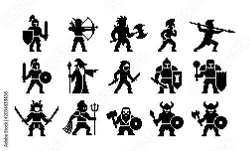 Obraz na płótnie Pixel Art Fantasy Warriors Set, 15 Retro Game Characters, Medieval Knights, Barb