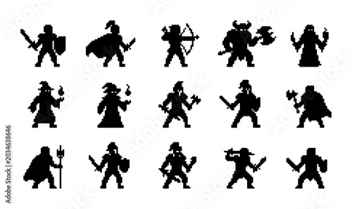 Bild auf Leinwand Fantasy Warrior Silhouettes, Medieval Hero Icons, Mythical Character Set, Retro