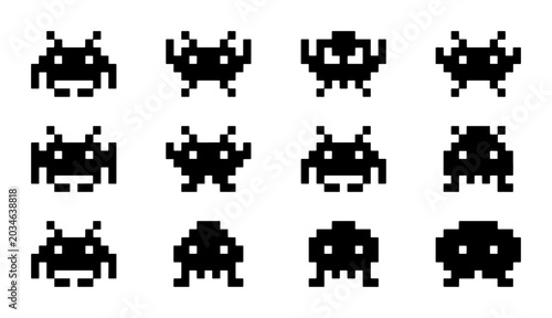 Retro Pixelated Alien Invaders Icons, 12 Black Space Game Characters, Vintage Sci-Fi Vector Graphics for Nostalgic Designs
