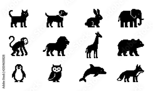 Photography Set of 12 Black Animal Silhouettes, Vector Icons for Wildlife, Pets, Zoo, and Na