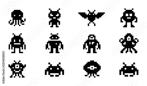 Retro Pixel Art Monsters Collection, 12 Vector Icons Set, Vintage Sci-Fi Alien Characters, Black and White Game Graphics