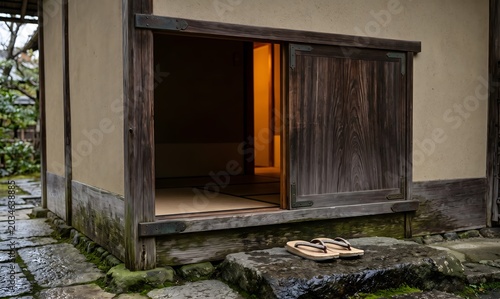 Exterior view of a traditional nijiriguchi entrance — the deliberately small crawling door of a Japanese tea house, weathered dark cedar wood frame with aged metal fittings.