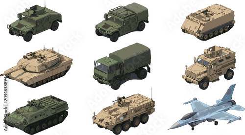 Fotografie Isometric military vehicles and aircraft illustration set featuring tanks, armor