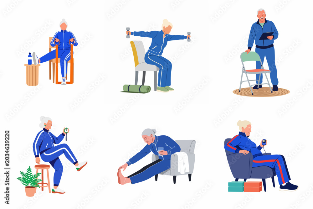 Fototapeta premium Set of flat vector illustrations featuring senior people performing various home exercises, stretching, and monitoring their health for an active lifestyle.