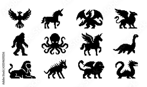 Bild auf Leinwand Mythical Creatures and Fantasy Beasts Vector Icons Set: Phoenix, Unicorn, Dragon
