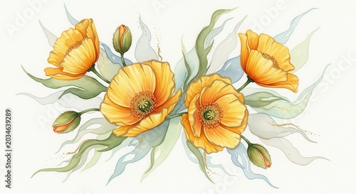 Vibrant Watercolor Painting of Yellow Poppy Flowers.