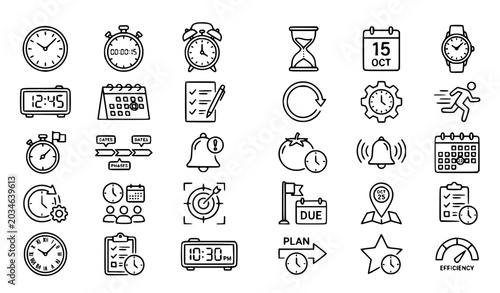 Photos Monochrome time and deadline icon collection with stopwatch and clock outline sy