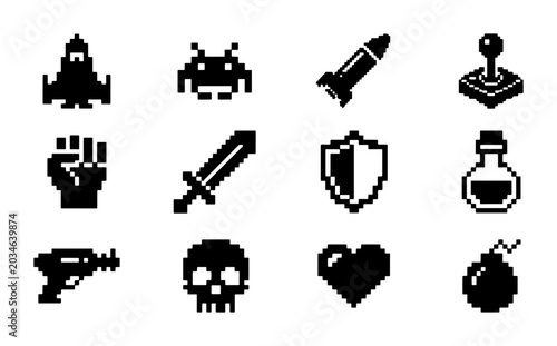 Pixel Art Game Icons Set: Retro Arcade Spaceship, Alien, Rocket, Joystick, Fist, Sword, Shield, Potion, Ray Gun, Skull, Heart, Bomb Graphics