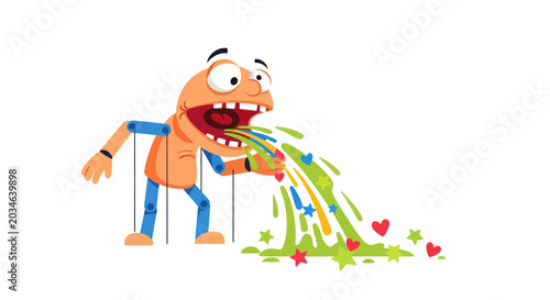 Foto Cartoon puppet vomiting colorful liquid and stars