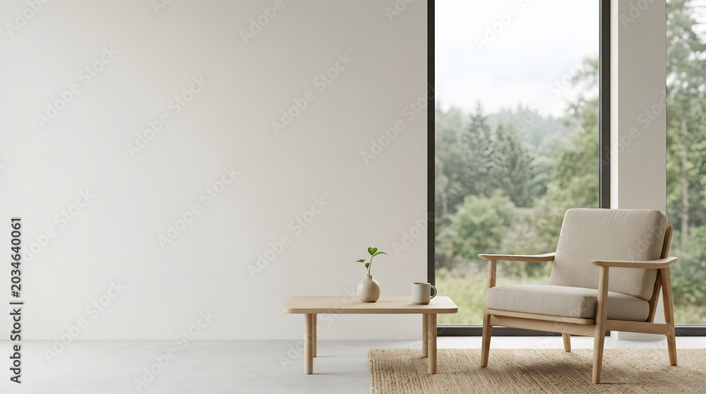 Fototapeta premium a chair and table in a room with large windows