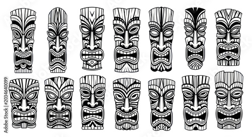 Canvas-taulu Collection of Tiki Masks - Polynesian Tribal Art Vector Illustrations
