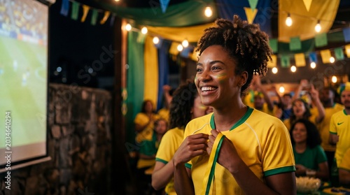 Excited Brazilian fan in a yellow jersey celebrating a goal while watching a soccer match on a big screen at an outdoor beach bar at night
