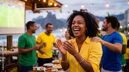 Excited Brazilian Woman Celebrating a Goal at a Beach Bar in Rio de Janeiro During a Soccer Match