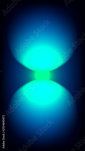 Abstract minimalist digital art two glowing blue and cyan spheres in center to futuristic hourglass shape with a bright green light on dark background