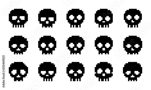 Pixel Art Skull Icons Set, Retro 8-Bit Graphics, Spooky Halloween Vector Collection, Dark Gothic Symbols, Digital Game Assets