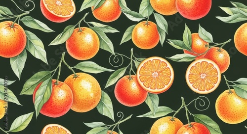 Vibrant Watercolor Pattern of Oranges and Green Leaves.