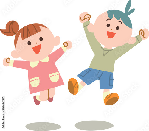 喜びのジャンプをする男の子と女の子