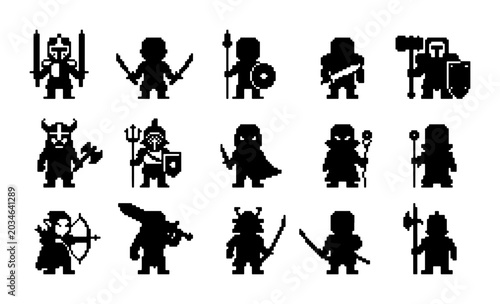 Photography Pixel Art Warrior Icons, 15 Retro Game Characters, Fantasy Fighter Silhouettes f