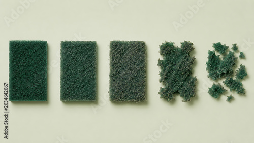 Green scrub pads showing progression of wear and breakdown with scrub pad scouring pad kitchen sponge cleaning deteriorated abrasive household cleanliness disintegration