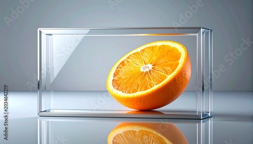 A vibrant orange half enclosed in a modern glass box. The bright citrus fruit sits against a clean, reflective surface, creating a striking visual contrast.