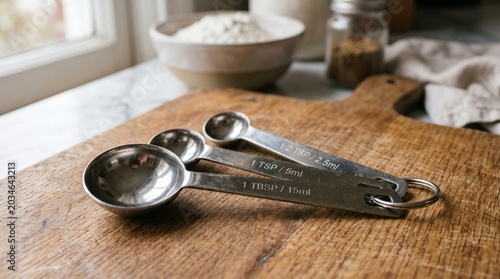 Photorealistic image of a set of three different sized stainless steel measuring spoons