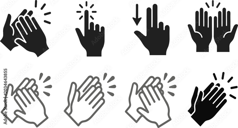 Obraz premium Hand Gesture Vector Icon Set Featuring Clapping Hands Applause Touching Screen Swiping Down and Open Palms High Five Silhouette Illustrations