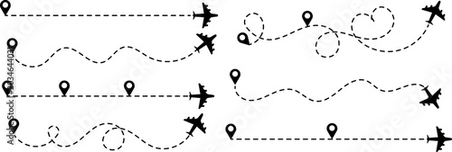 Airplane route with dotted flight path. Flying plane symbol with twisted, curved, straight and heart shape dashed trace path. 