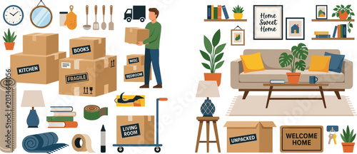 Foto House Moving and Home Relocation Vector Set Featuring Cardboard Boxes Delivery M