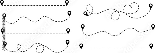 Airplane dotted route line, flight path with dashed tracking line.