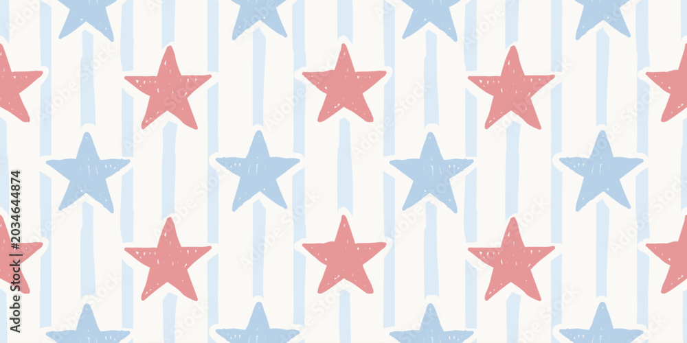 Obraz premium Pastel Stripes and Stars Seamless Pattern, Hand Drawn Circus Inspired Background for Kids Room and Packaging 