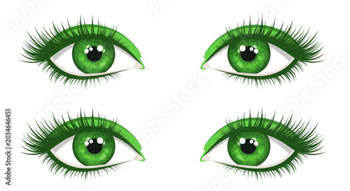Four Green Eyes with Long Lashes, Close-up, Realistic Illustration, White Background