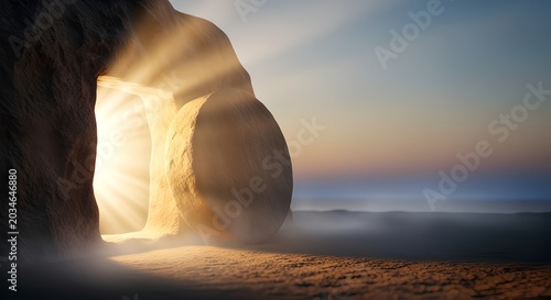 Sunrise over calm ocean with rays shining through cave entrance on rocky shoreline