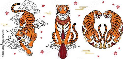Photography Traditional Chinese New Year Tiger Vector Illustration Set Featuring Majestic Wi
