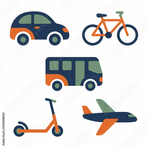 A delightful collection of five simplified vehicle icons: car, bicycle, bus, scooter, airplane, in charming colors.